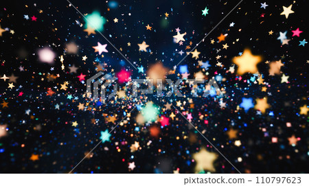 黑色背景上色彩繽紛的閃閃發光的星形五彩紙屑的背景“人工智慧生成的圖像” 110797623