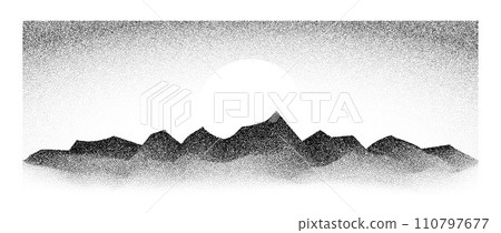 Grain stipple mountain range. Dotted landscape terrain silhouette. Black white grainy hills chain. Grunge noise stochastic background. Pointillism texture wallpaper. Vector dot work style illustration 110797677