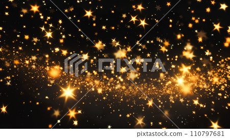 Background of star-shaped confetti glittering in gold on a black background "AI generated image" 110797681