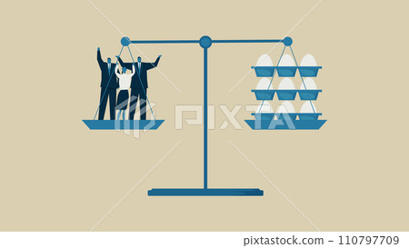 An image of supply and demand. On the scale are a man, a woman, and an egg. 110797709
