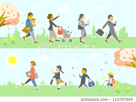 Colorful and stylish illustrations of people excitedly starting a new life in spring 110797884