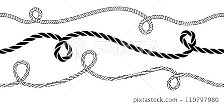 Wavy rope curve set. Repeating hemp cord stripes collection. Wavy loop tie braid bundle. Seamless black and white plait pattern. Vector marine twine design elements for banner, poster, frame, border 110797980