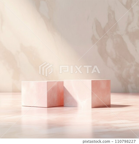 方形抽象橫幅,米色和白色大理石背景上有兩個粉紅色方形展示架。 AI生成影像 方形抽象橫幅,米色和白色大理石背景上有兩個粉紅色方形展示架。 AI生成影像 110798227