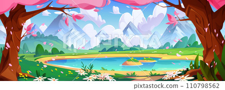 Pink flowering trees near lake and mountains 110798562