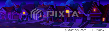 Night dark suburban landscape with house on street 110798578