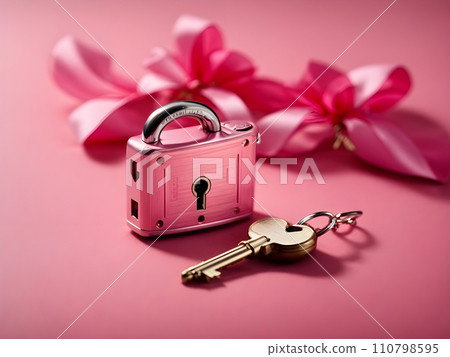 padlock and key on pink background, valentines day concept 110798595