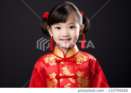 chinese new year young girl wearing qipao dress and smiling with generative ai 110798988