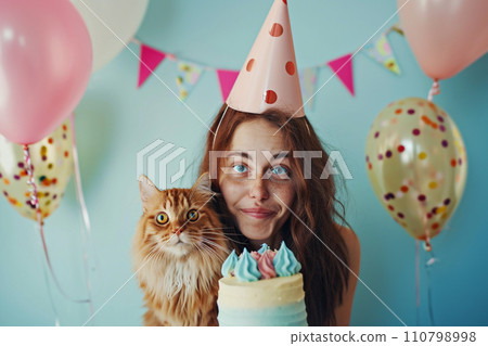 a woman celebrating her cat birthday with generative ai 110798998