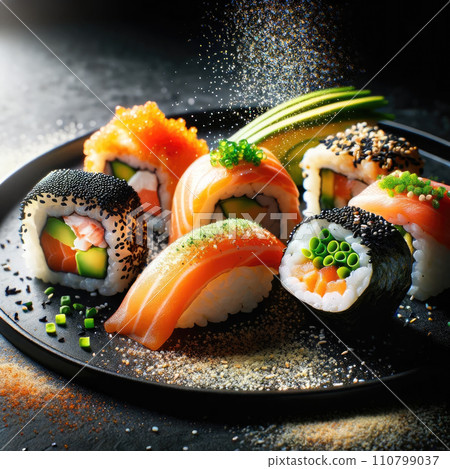 AI-generated content. Concept of japanese food, healthy food, freshness seafood. Best for food photography style poster, collage, design. Illustration of tasty lunch, dinner, appetizer. Sushi rolls 110799037