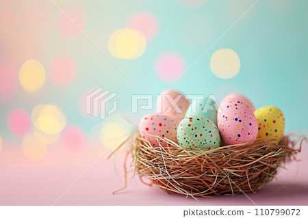 colorful pastel easter eggs basket bokeh style background with generative ai colorful pastel easter eggs basket bokeh style background with generative ai 110799072