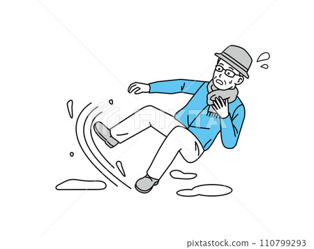 An elderly man slips and falls in the snow 110799293