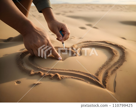 Hand drawing heart shape on the sand in the desert. Love concept 110799425