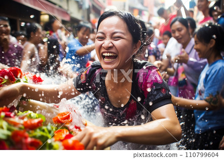 thai woman playing water in songkran festival bokeh style background with generative ai 110799604