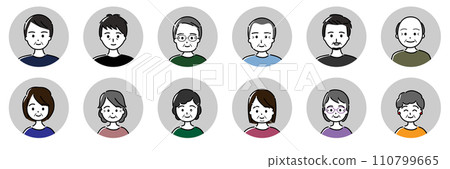 Circular icon variation set for middle-aged and elderly men and women (no line in frame, gray) 110799665