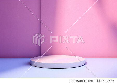 Abstract banner with pink background and pale purple floor and round exhibition stand. AI generated image 110799776