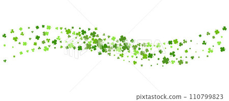 St. Patrick Day shamrock clover background. Wavy vector border with flying green leaves for posters banners and greeting cards. 110799823