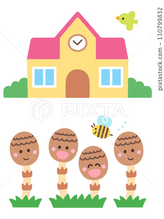 Kindergarten building and horsetail Kindergarten building and horsetail 110799832