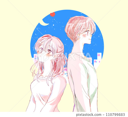 A man and a woman with mutual feelings back to back at night 110799883