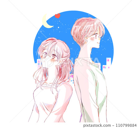 A man and a woman with mutual feelings back to back at night 110799884