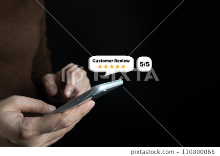 Satisfied customer experience concept, happy business customer using smartphone, the best review, High quality service, Most rated, the highest score, 5 stars, Social media very good. 110800068