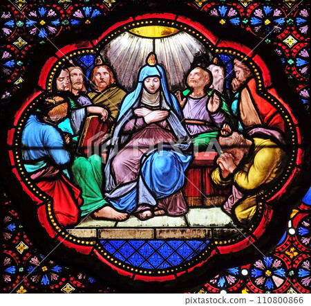 Descent of Holy Spirit, Pentecost , stained glass window in the Basilica of Saint Clotilde in Paris, France Descent of Holy Spirit, Pentecost , stained glass window in the Basilica of Saint Clotilde in Paris, France 110800866