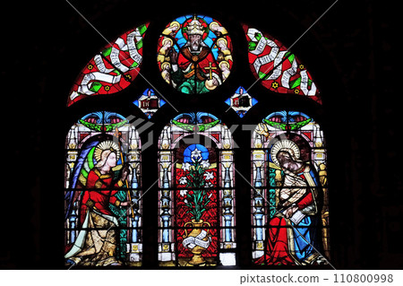 Annunciation of the Virgin Mary, stained glass window in Saint-Eustache church in Paris, France 110800998
