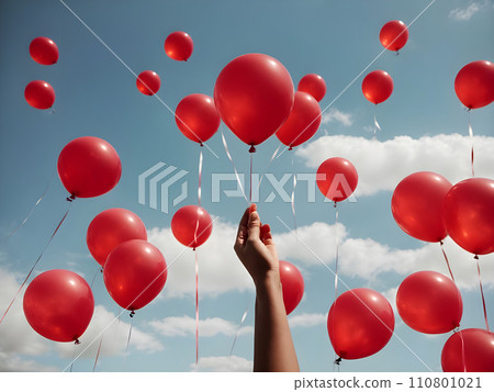 hand holding red heart shaped balloons flying in the blue sky. hand holding red heart shaped balloons flying in the blue sky. 110801021