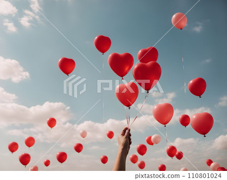 hand holding red heart shaped balloons flying in the blue sky. hand holding red heart shaped balloons flying in the blue sky. 110801024