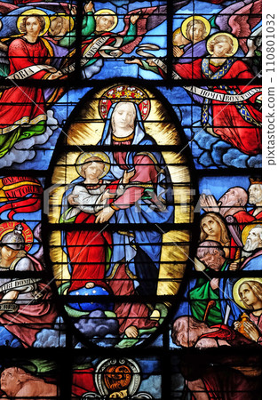 Our Lady Refuge of Sinners, stained glass window in the Basilica of Notre Dame des Victoires in Paris, France Our Lady Refuge of Sinners, stained glass window in the Basilica of Notre Dame des Victoires in Paris, France 110801032