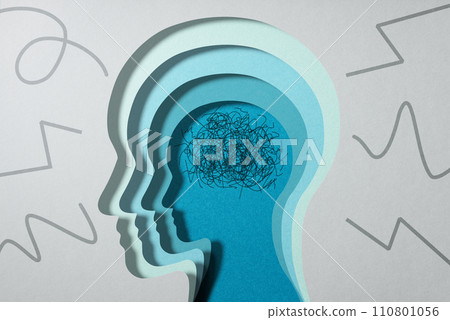 Image of headache and mental illness. I get nervous from excessive stress. Silhouette of a human head superimposed with abstract lines. Image of headache and mental illness. I get nervous from excessive stress. Silhouette of a human head superimposed with abstract lines. 110801056