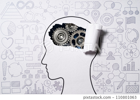 思考業務策略和解決方案的圖像。思維方法和思考技巧。人體頭部輪廓和齒輪。商務聊天 110801063