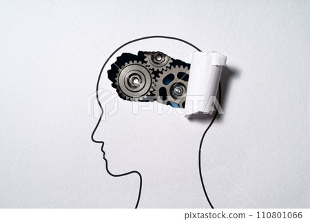 思維機制。思考技巧和方法論的形象。齒輪和人頭的輪廓。 110801066