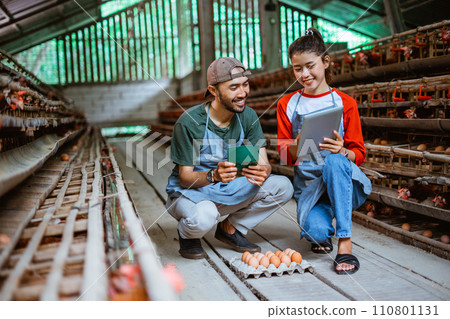 business couple holding savings book and checking profit using tablet 110801131