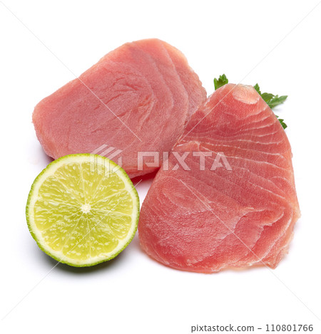Fresh tuna Fish steak isolated on a white background Fresh tuna Fish steak isolated on a white background 110801766