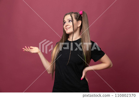 Closeup photo of amazing short hairdo lady looking up empty space deep thinking creative person Closeup photo of amazing short hairdo lady looking up empty space deep thinking creative person 110802370