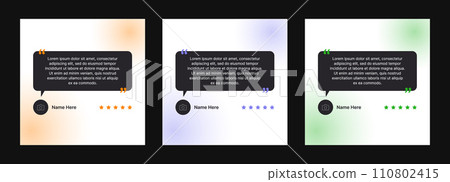 Client review templates for social media posts. Customer testimonial in the form of speech dough with text and star rating. Patron feedback vector design with soft color gradient on background. Client review templates for social media posts. Customer testimonial in the form of speech dough with text and star rating. Patron feedback vector design with soft color gradient on background. 110802415