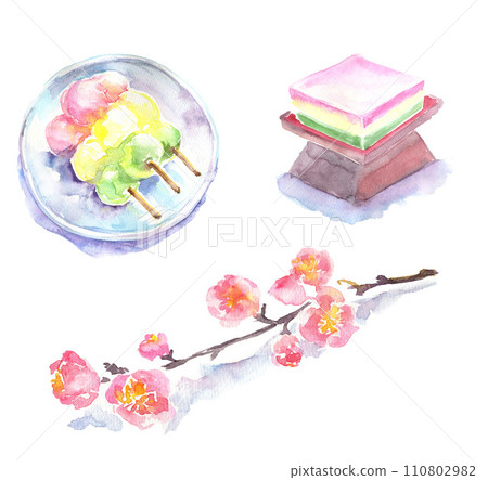 Illustration of diamond mochi and tricolor dango painted in watercolor Illustration of diamond mochi and tricolor dango painted in watercolor 110802982