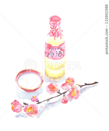 甘酒和桃花的水彩插圖 110802986