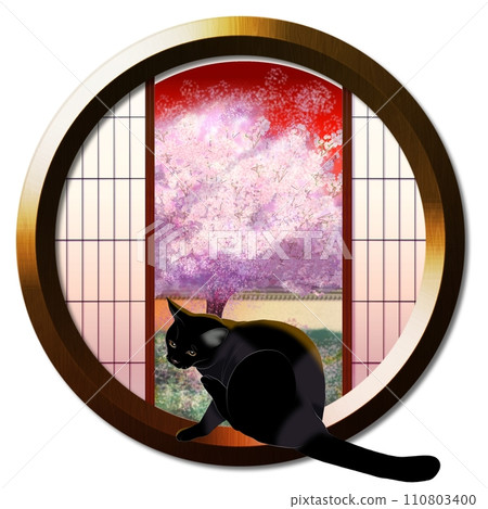 從圓窗看到的夕陽映照下的花園裡的櫻花和貓 110803400