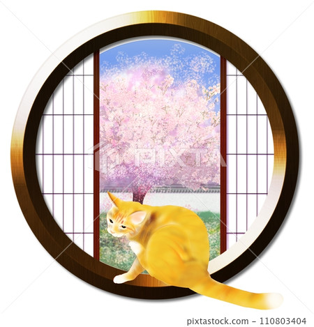 從圓窗可以看到花園裡的櫻花和貓 從圓窗可以看到花園裡的櫻花和貓 110803404