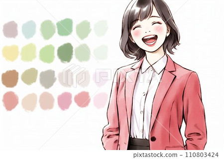 微笑的日本女上班族的水彩插圖(白色背景,上班族,西裝,OL,微笑) 微笑的日本女上班族的水彩插圖(白色背景,上班族,西裝,OL,微笑) 110803424