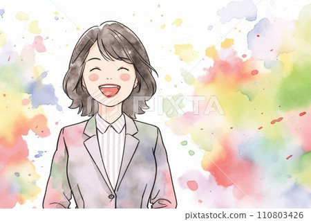 微笑的日本女上班族的水彩插圖(白色背景,上班族,西裝,OL,微笑) 微笑的日本女上班族的水彩插圖(白色背景,上班族,西裝,OL,微笑) 110803426