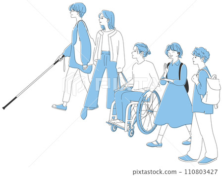 Smiling young people lined up in a row | Diversity and people with disabilities together 110803427