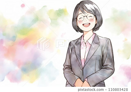 Watercolor illustration of a smiling Japanese female office worker (white background, office worker, suit, OL, smile) Watercolor illustration of a smiling Japanese female office worker (white background, office worker, suit, OL, smile) 110803428