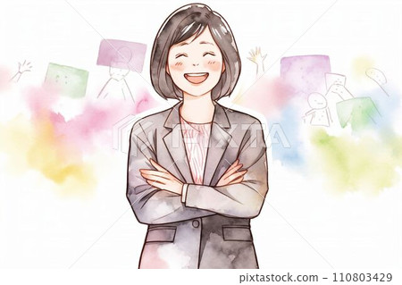 微笑的日本女上班族的水彩插圖（白色背景，上班族，西裝，OL，微笑） 110803429