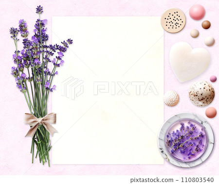 Natural cosmetics, spa, face and body beauty concept. Horizontal  backdrop with blank paper sheet, bouquet of fresh purple lavandula flower, handmade lavender soap, wooden beads. Copy space for text 110803540