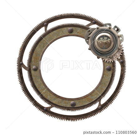 Metallic round frame with vintage metal details, gear and retro rivets. Isolated on white background. Can be used for steampunk and mechanical design 110803560