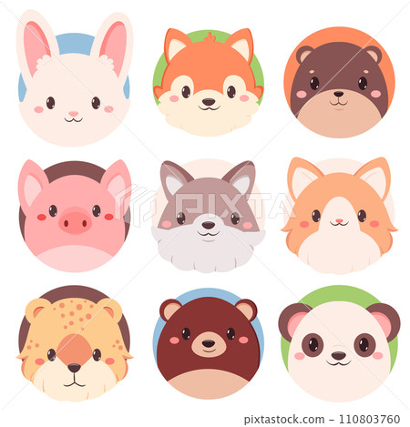 Set of kawaii member icon. Round stickers with cute cartoon dog, bear, leopard, cat, wolf, fox, panda, beaver, pig, rabbit. Baby collection of avatar with puppy. Vector illustration EPS8 110803760