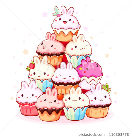 Cute animal-shaped sweet desserts in kawaii style with smiling face and pink cheeks. Bunny-shaped cake, muffin and cupcake with whipped cream and berry. Vector illustration EPS8 110803778