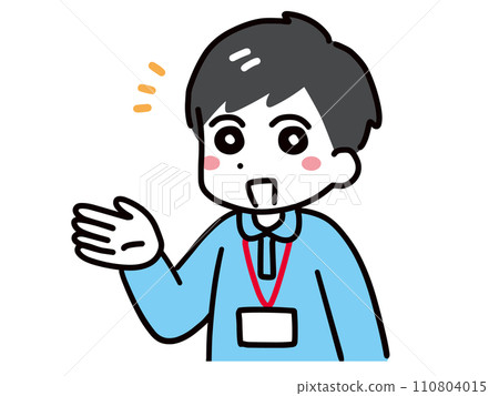 一位年輕的男性護理員(上半身,Polo衫)舉起一隻手,微笑著引導。 一位年輕的男性護理員(上半身,Polo衫)舉起一隻手,微笑著引導。 110804015